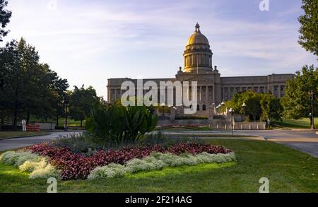 Cultivated flowers beautify the grounds around the state capital of Kentucky at Frankfort Stock Photo