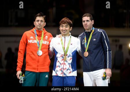 Geza Imre of Hungary wins Silver Medal, Sangyoung Park of South Korea wins Gold Medal and France's Gauthier Grumier wins Bronze Medal in Fencing Men's Epee during the Olympic Games RIO 2016, Fencing, on August 9, 2016, in Rio, Brazil - Photo Jean-Marie Hervio / KMSP / DPPI Stock Photo