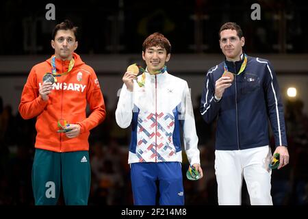 Geza Imre of Hungary wins Silver Medal, Sangyoung Park of South Korea wins Gold Medal and France's Gauthier Grumier wins Bronze Medal in Fencing Men's Epee during the Olympic Games RIO 2016, Fencing, on August 9, 2016, in Rio, Brazil - Photo Jean-Marie Hervio / KMSP / DPPI Stock Photo