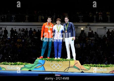 Geza Imre of Hungary wins Silver Medal, Sangyoung Park of South Korea wins Gold Medal and France's Gauthier Grumier wins Bronze Medal in Fencing Men's Epee during the Olympic Games RIO 2016, Fencing, on August 9, 2016, in Rio, Brazil - Photo Jean-Marie Hervio / KMSP / DPPI Stock Photo