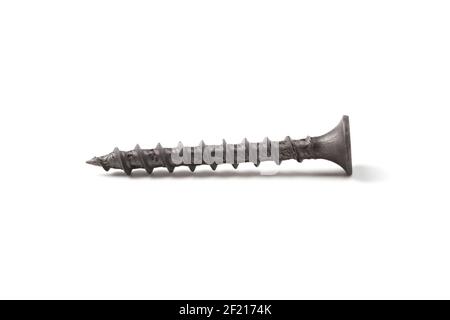 Black self-tapping screw for wood close up isolated on white background Stock Photo