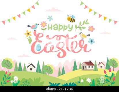 Happy Easter card with lettering and cute landscape. Hand drawn flat cartoon. Vector illustration Stock Vector