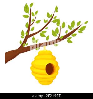 Bee hive on tree branch in cartoon style isolated on white background. Wild, hanging construction. Bee colony home. . Vector illustration Stock Vector