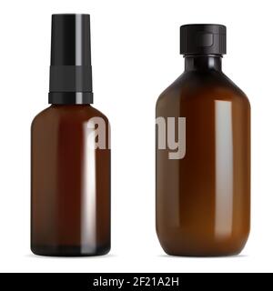 Syrup bottle. Brown glass vial, essential oil bottle blank mockup. Amber vial screw cap, medical container, chemical flacon with eyedropper, black cap Stock Vector