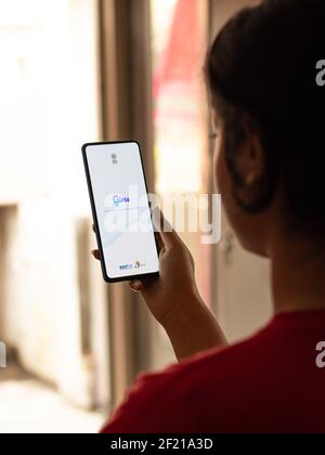 Assam, india - March 10, 2021 : Gim logo on phone screen stock image. Stock Photo