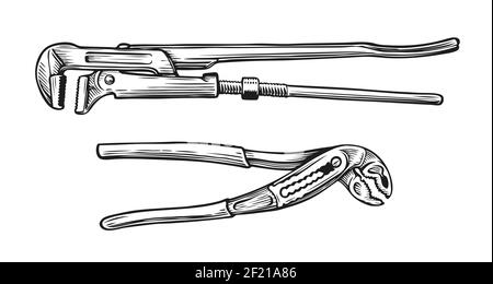 Adjustable wrench sketch. Set of tools in vintage engraving style Stock Vector