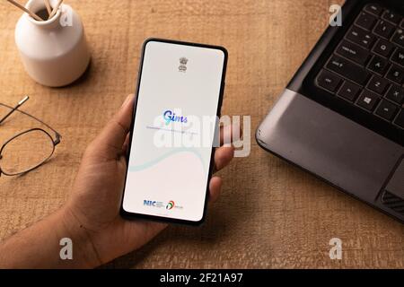 Assam, india - March 10, 2021 : Gim logo on phone screen stock image. Stock Photo