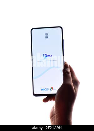 Assam, india - March 10, 2021 : Gim logo on phone screen stock image. Stock Photo