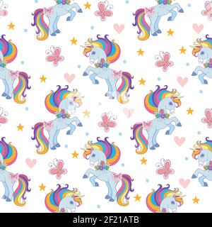 Seamless pattern with unicorns, hearts and butterflies isolated on white background. Vector illustration for party, print, baby shower,wallpaper,desig Stock Vector