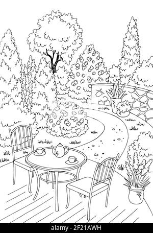 Garden graphic backyard table black white sketch illustration vector ...