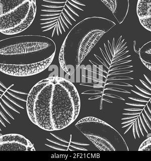 Melons with tropical leaves seamless pattern. Hand drawn vector exotic fruit illustration on chalk board. Retro style fruit background. Stock Vector