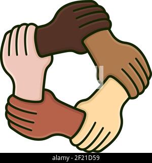 Hands of different skin color people putting together cartoon vector ...