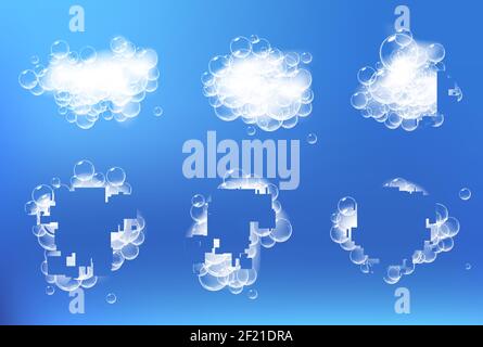 Pieces of soap foam with bubbles isolated on blue background. Sparkling shampoo and bath lather vector illustration. Stock Vector