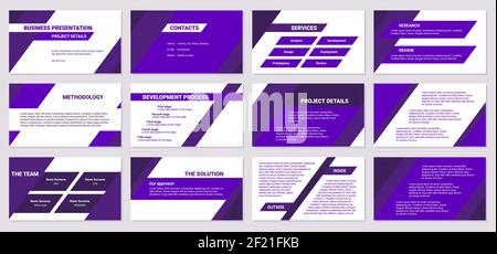 Business presentation design template. Project details, services, team, research and review. Simple flat oblique lines, triangles, purple color, 12 sl Stock Vector