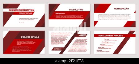 Business presentation design template. Solution, methodology, development process, red color, 6 slides. Modern corporate document. Stock Vector
