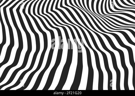 Black and white lines that makes a wavy rippled surface. Optical illusion striped background. Zebra style pattern. Modern vector backdrop. Stock Vector