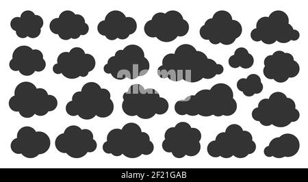 Clouds black silhouette icon set. Glyph vector symbol of weather, database, cloud storage or network. Graphic design template for web interface. Overcast, cleen cloudy sky element flat sign collection Stock Vector
