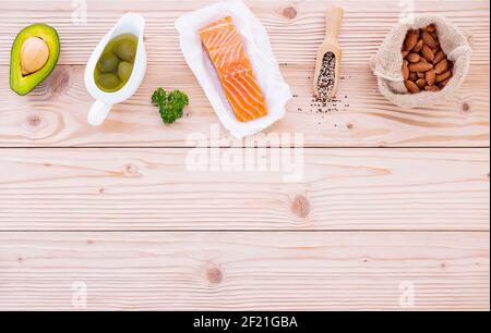Ketogenic low carbs diet concept. Ingredients for the healthy foods selection on white background. Balanced healthy foods ingredients of unsaturated f Stock Photo