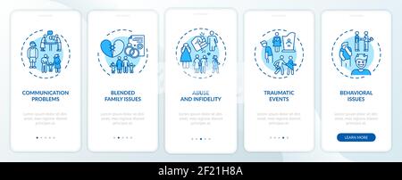 Online family therapy types onboarding mobile app page screen with concepts Stock Vector