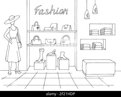 Shop interior graphic black white sketch illustration vector Stock Vector