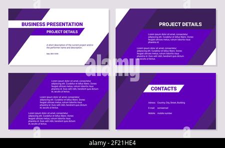 Business presentation design template. Project details simple flat lines, triangles, dark purple color, 4 slides. Modern corporate document. Stock Vector