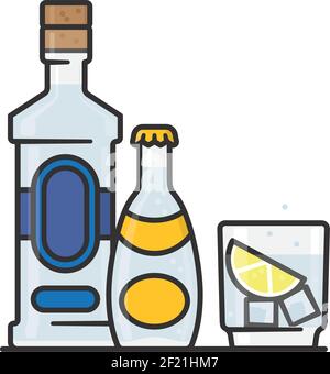 Bottles and mixed drink isolated vector illustration for Gin and Tonic Day on October 19 Stock Vector