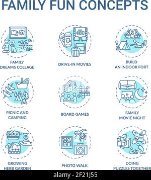 Family fun concept icons set Stock Vector