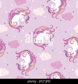 Seamless pattern with unicorn heads, sparkles and clouds isolated on purple background. Vector illustration for party, print, baby shower,wallpaper,de Stock Vector