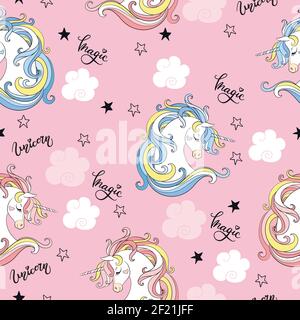 Seamless pattern with unicorn heads, lettering and clouds isolated on pink background. Vector illustration for party, print, baby shower,wallpaper,des Stock Vector