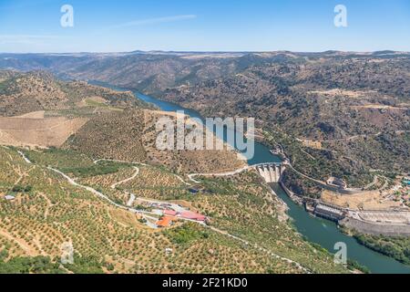 Aerial view from Penedo Durao viewpoint, typical landscape of the International Douro Park, dam on Douro river and highlands in the north of Portugal, Stock Photo