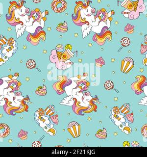 Seamless pattern with cute unicorns and sweets isolated on turquoise background. Vector illustration for party, print, baby shower, wallpaper, design, Stock Vector