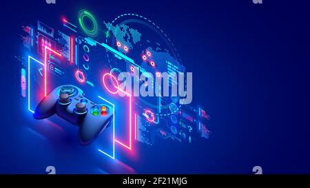 Online video games concept banner. E sports in internet. Computer network games. Entertainment technology. Gamepad hovered near holographic interface Stock Vector