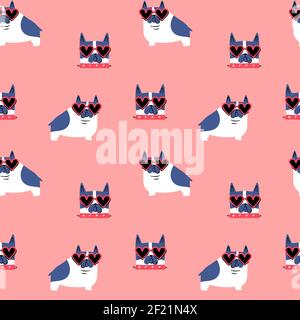 Cute pug dog cartoon seamless pattern. Puppy wearing heart shape sunglasses, hand drawn doodle background for valentines day holiday print or love con Stock Vector