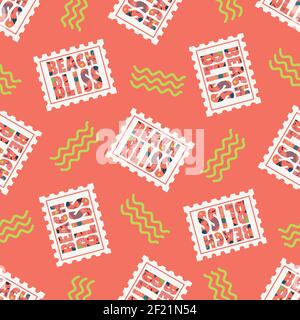 Beach bliss typography vector seamless pattern background.Tropical color background with decorated text on stamp shapes mixed with green waves. Repeat Stock Vector