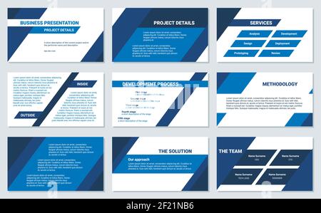 Business presentation design template. Simple flat oblique lines, triangles, blue color, 9 slides. Modern corporate document. Stock Vector