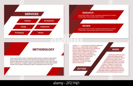 Business presentation design template. Solution, methodology, development process, red color, 4 slides. Modern corporate document. Stock Vector