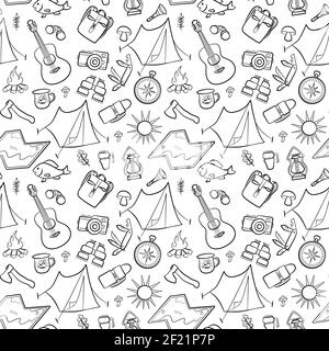 Hiking and camping seamless pattern with travel elements. Seamless pattern for design, posters, backgrounds Hiking, travel and camping theme. Tent, guitara, mug, map, camera, binoculars in line style Stock Vector