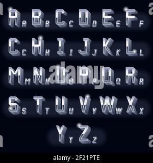 Metal vintage volumetric 3d chrome letters. Typography retro dimensional, design metallic icon. Vector illustration Stock Vector