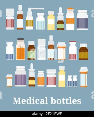 Medicine bottles collection. Bottles of drugs, tablets, capsules and sprays. Vector illustration Stock Vector