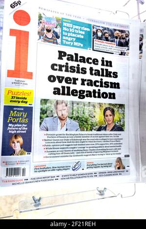 i front page newspaper headline 'Palace in crisis talks over racism allegations' on 9 March 2021 London England UK Stock Photo