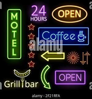 Set of neon glow signs. Coffee, open and motel. Signboard, pointer. Vector illustration Stock Vector