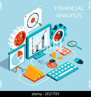 Three Dimensional Colored Financial Analysis Concept Graphic Design on Light Blue Background  Emphasizing Target  Currency  Computer and Gears. Stock Vector
