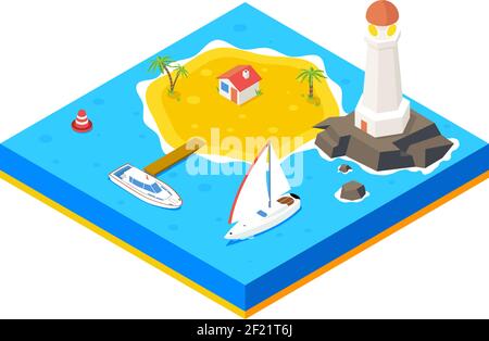 Isometric island with ship, yacht and sea. Vector 3d background concept. Beach paradise, palm and pier, housing and lighthouse,  vector illustration Stock Vector