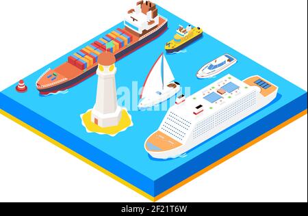 Isometric sea ships vector set. Lighthouse and buoy, ocean boat,  transport and transportation illustration Stock Vector