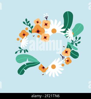 Spring season heart shape frame template, empty flower background with green leaf, daisy and bee. Flat nature cartoon concept, copy space design. Stock Vector