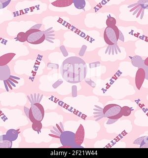 Happy Birthday cartoon bird and laughing sun seamless vector pattern background. Monochrome pink backdrop with celebration text and flying birds, sun Stock Vector