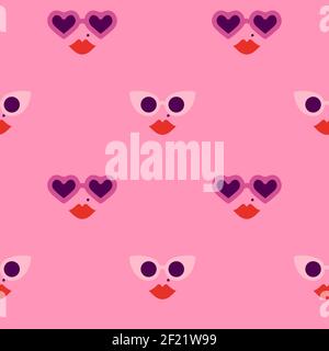 Heart shape sunglasses woman face cartoon seamless pattern. Valentine's day fashion, romantic summer background for holiday print or love concept. Stock Vector