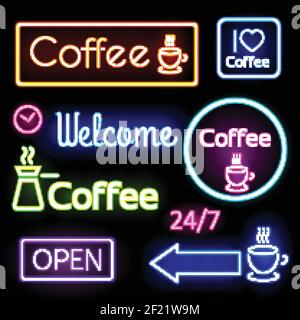 Bright neon signs  for you cafe, bar. Coffee, open, Welcome. Vector illustration Stock Vector