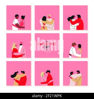 Happy Valentine's Day greeting card set with hand drawn cartoon couples. Diverse pink boyfriend and girlfriend couple hugging together. February 14 ho Stock Vector