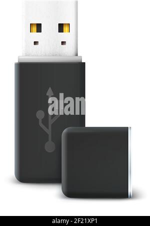 Black flash drive isolated on white. Usb and hardware, information and memory transfer, technology storage, electronic portable and connect. Vector il Stock Vector